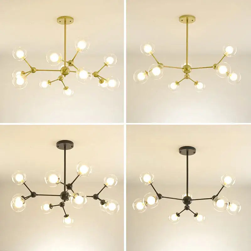 Modern brass and black metal glass ball pendant chandelier with clear globe bulbs for dining room decorbites glass ball
