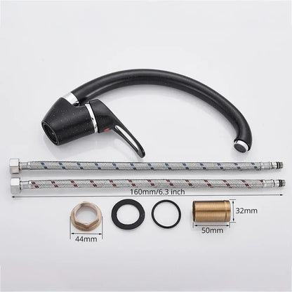 Modern brass black kitchen sink faucet with black speckled finish chrome accents and two braided hoses for decorbites brass black use
