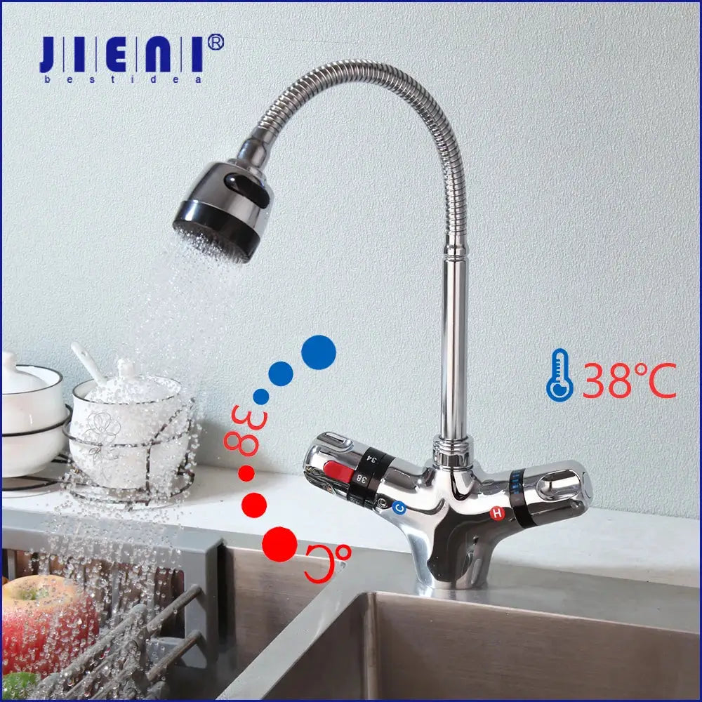 Modern brass and black kitchen sink faucet with stainless steel flexible neck and temperature control knobs for kitchen sink use