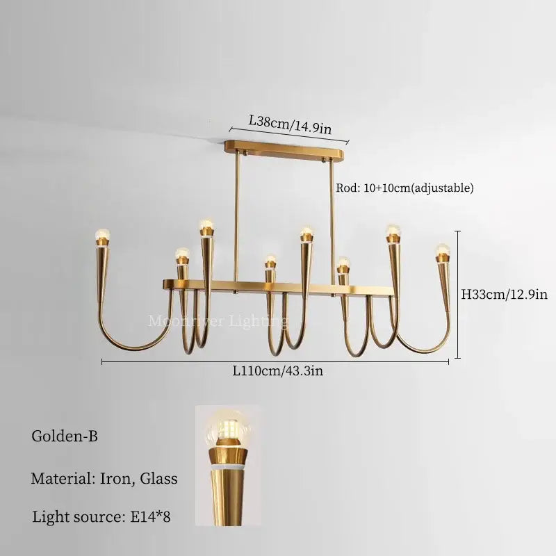 Modern brass black pendant chandelier with sleek brass-finished iron arms and glass lampshades for kitchen island lighting