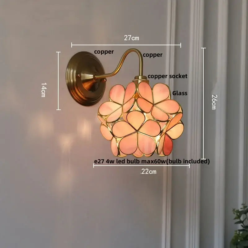Modern brass butterfly wall sconce with copper finish and peach stained glass petals for bedroom decorbites clear glass design
