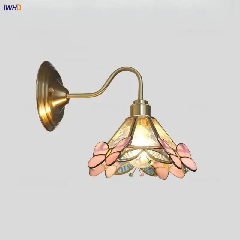 Modern brass butterfly wall sconce with pink and blue stained glass shade for bedroom decorbites clear glass lighting