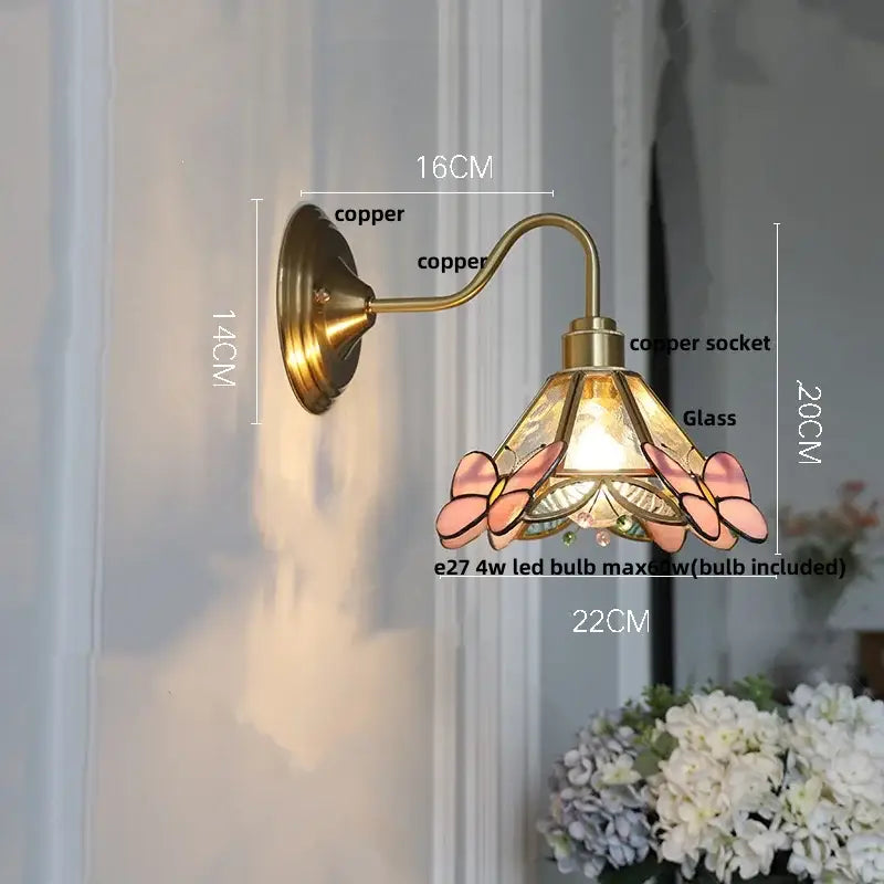 Modern brass butterfly wall sconce with vintage copper and pink stained glass shade for bedroom decorbites clear glass decor