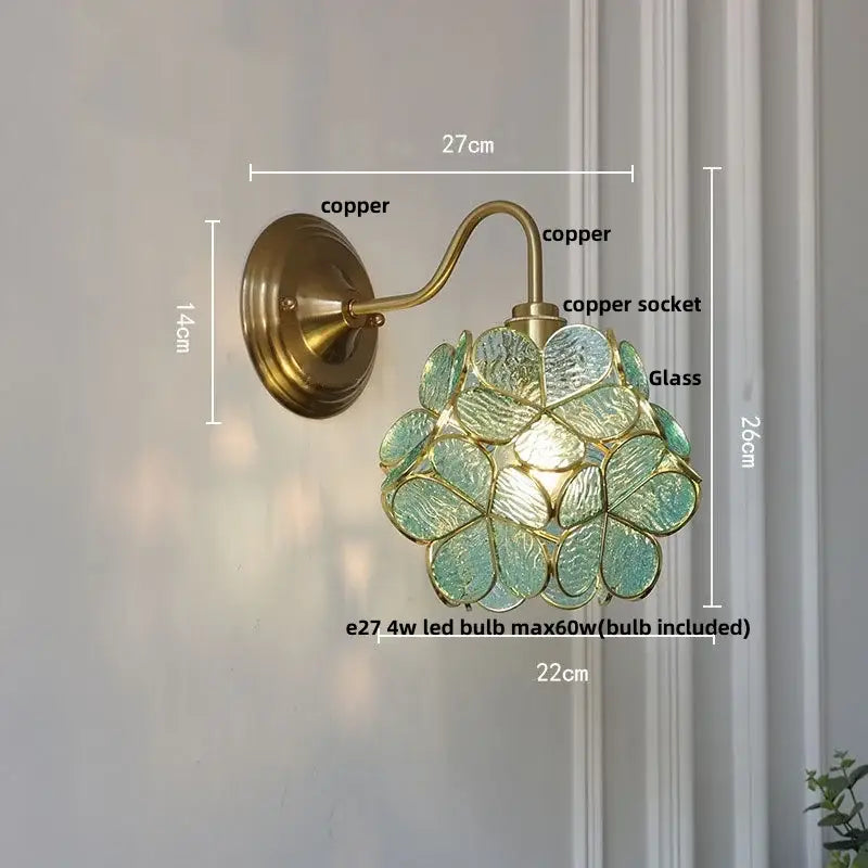 Modern brass butterfly wall sconce with floral translucent green clear glass petals for bedroom decorbites clear glass lighting