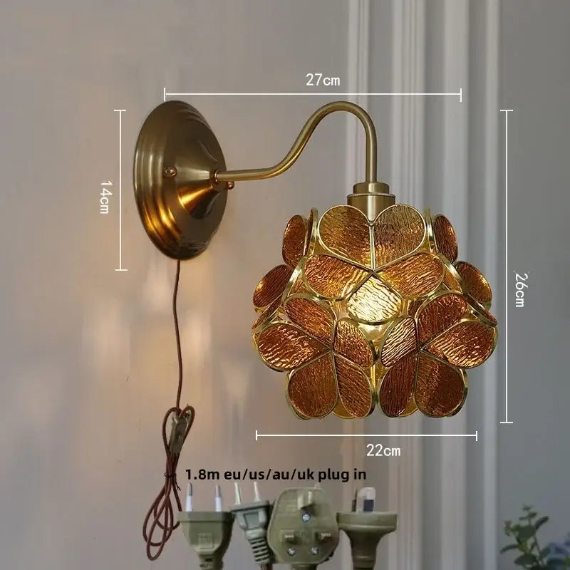 Modern brass butterfly wall sconce with floral pink and blue clear glass shade for bedroom decorbites clear glass decor