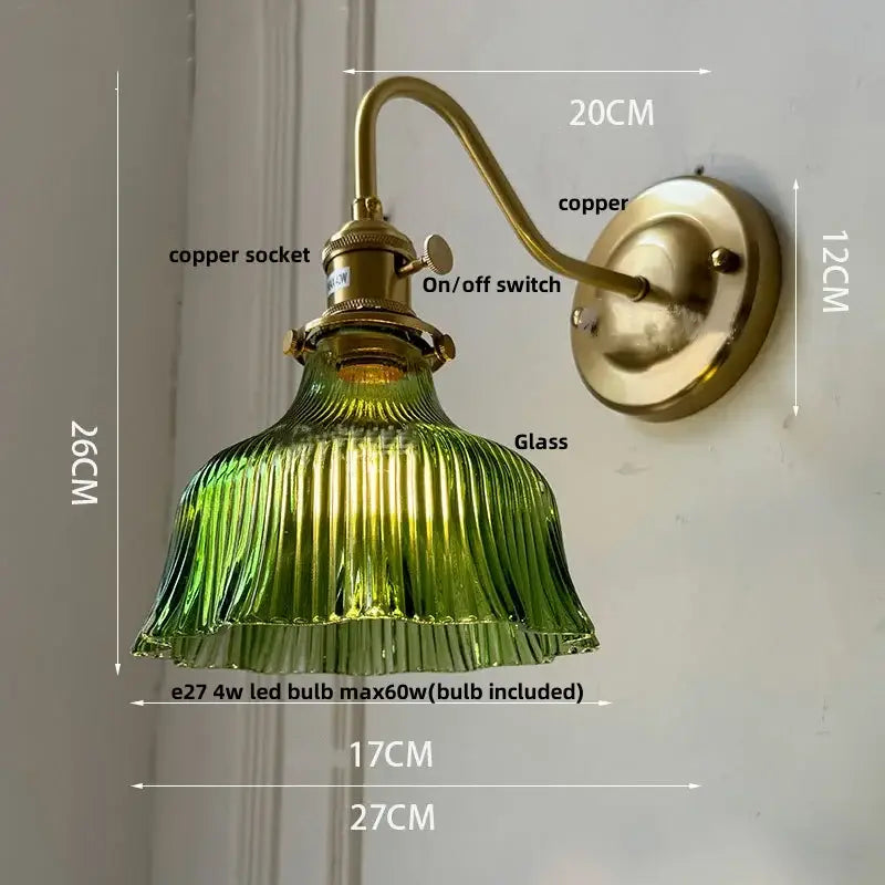 Vintage-style wall sconce with green ribbed glass shade and brass copper finish for decorbites clear glass lighting
