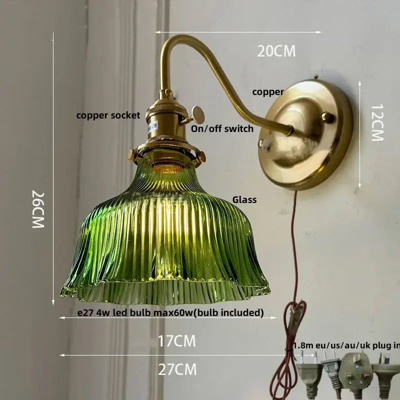Vintage-style green ribbed glass wall sconce with brass copper finish and on/off switch for decorbites clear glass lighting