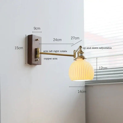 Adjustable copper arm wall light with ribbed warm glass shade and brass canopy led pull chain switch for bedroom decorbites canopy led wall