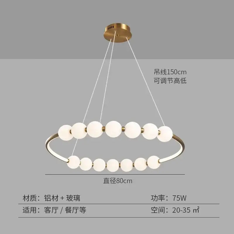 Modern brass circle ring led pendant light with white glass spheres and adjustable cords for dining room decorbites circle ring