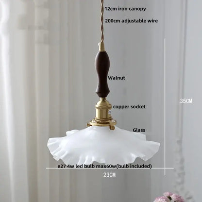 Modern brass clear glass led pendant light with delicate white ruffled glass shade and walnut handle for dining room decorbites clear glass