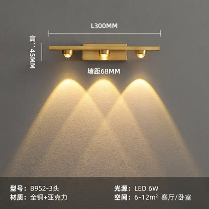 Modern brass copper led wall lamp with gold three-light brass finish and acrylic diffuser for bedroom reading light decorbites copper led