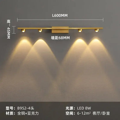 Modern brass copper led wall lamp with gold finish, four adjustable spotlights, and central rectangular accent bar for reading light decorbites copper led wall