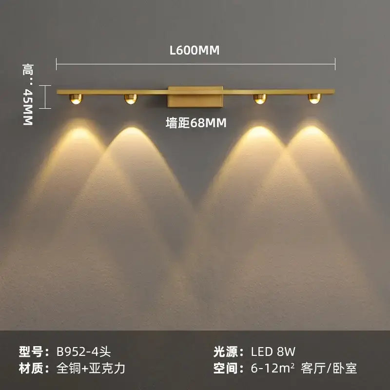 Modern brass copper led wall lamp with gold finish, four adjustable spotlights, and central rectangular accent bar for reading light decorbites copper led wall