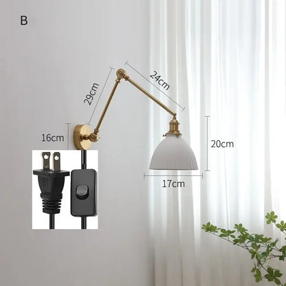 Modern brass copper swing arm wall sconce with brass finish and white ceramic shade for stylish bedroom decorbites copper swing