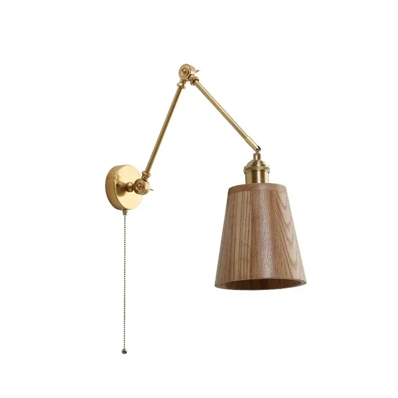 Modern brass copper swing arm wall sconce with natural wood shade and pull-chain switch for stylish copper swing arm wall decorbites copper swing