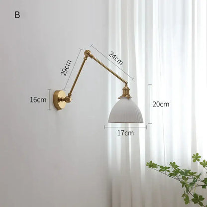 Modern brass copper swing arm wall sconce with adjustable brass finish and white ribbed glass shade for bedroom decorbites copper swing