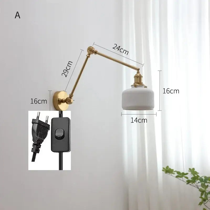 Modern brass copper swing arm wall sconce with gold finish and white ribbed glass shade for bedroom decorbites copper swing