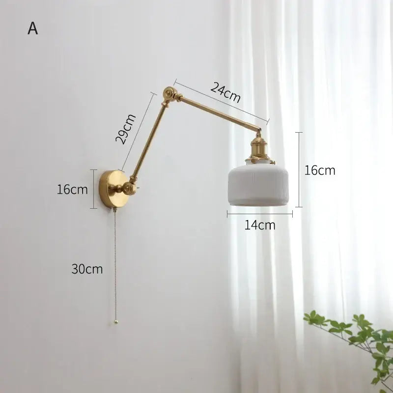 Modern brass copper swing arm wall sconce with gold finish and white ribbed glass shade for bedroom decorbites copper swing