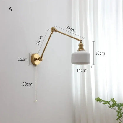 Modern brass copper swing arm wall sconce with gold finish and white ribbed glass shade for bedroom decorbites copper swing