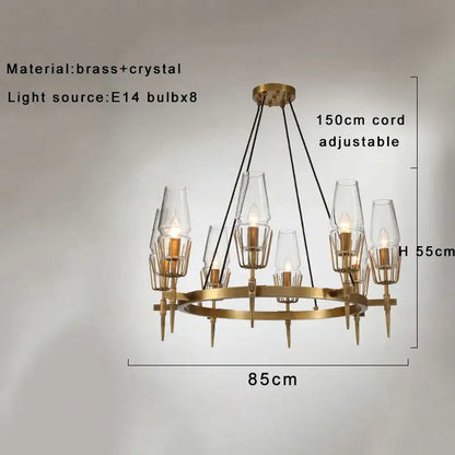 Modern brass crystal bronze pendant lamp with eight e14 bulbs and slender glass shades for dining room decorbites crystal bronze