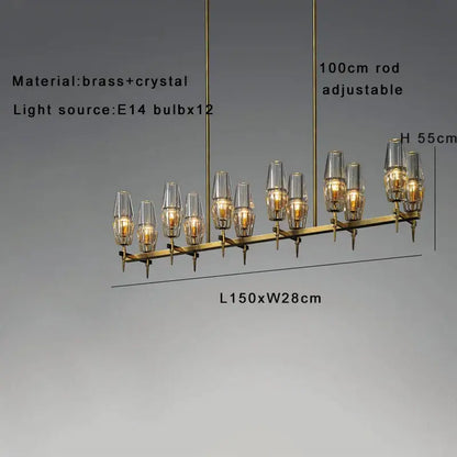 Modern brass crystal bronze pendant lamp with twelve e14 bulbs and 150cm sleek design for dining room lighting