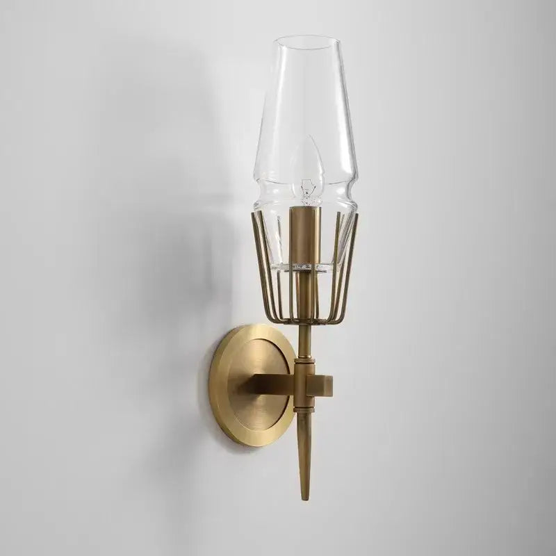 Brass-finished wall sconce with clear glass shade and wire cage design for modern brass crystal bronze pendant lamp decorbites crystal bronze