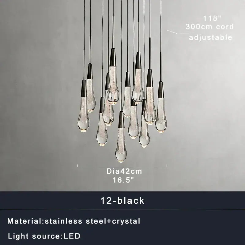 Modern brass crystal ceiling pendant light with 12 teardrop crystal fixtures and black stainless steel caps by decorbites brass crystal