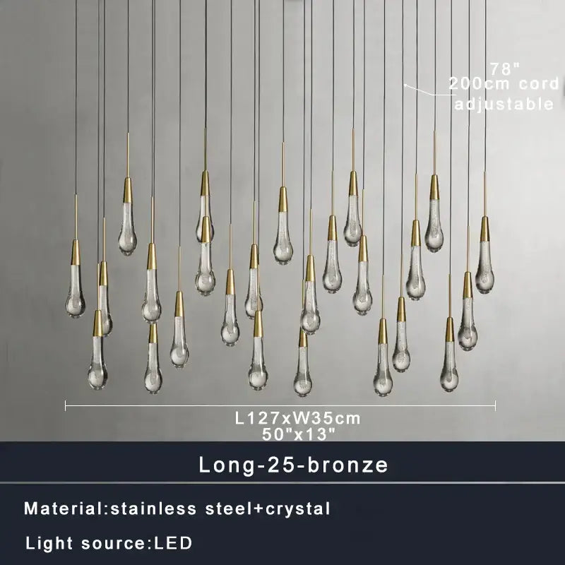Modern brass crystal ceiling pendant light with 25 teardrop pendants bronze tops stainless steel wiring decorbites brass crystal