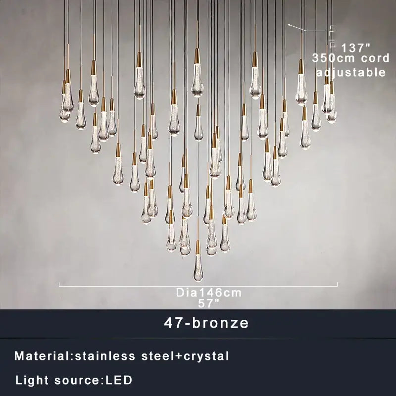 Modern brass crystal ceiling pendant light featuring 47 clear crystal teardrop pendants on decorbites brass crystal arms