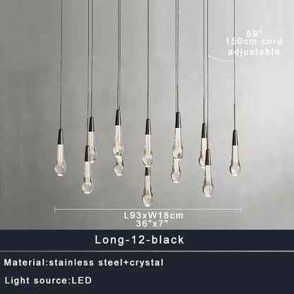 Set of twelve modern black pendant lights with clear droplet shades and stainless steel fixtures for brass crystal ceiling decorbites