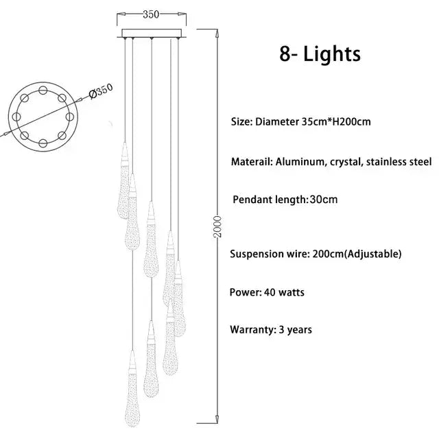 Modern brass crystal led chandelier with eight lights, sleek aluminum and stainless steel frame, and decorbites crystal pendants