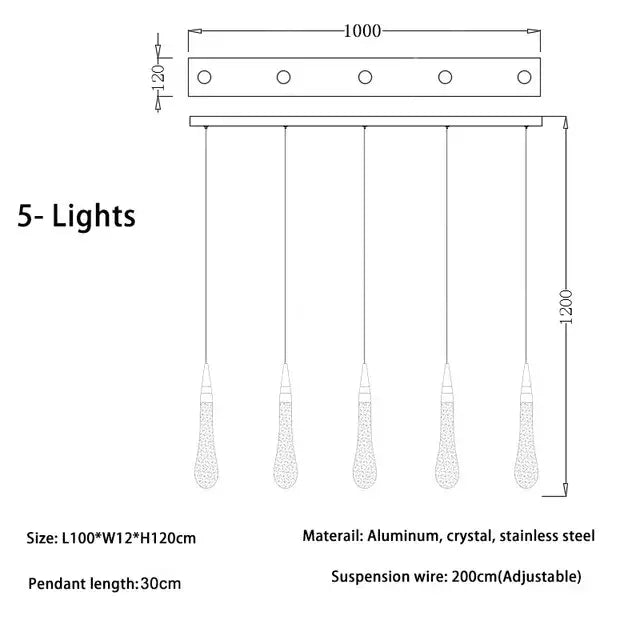 Modern brass crystal led chandelier with five-light teardrop pendant featuring aluminum crystal and stainless steel design decorbites crystal led
