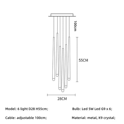 Modern brass crystal led pendant chandelier with six slender k9 crystal led fixtures for villa stairs decorbites crystal led