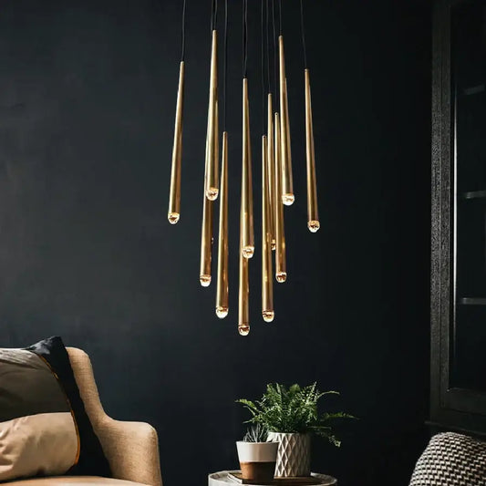 Modern brass crystal led pendant chandelier featuring slender tapered rods and warm bulbs for villa stairs decorbites crystal led