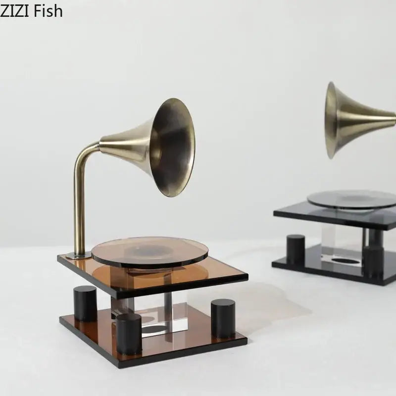 Modern brass crystal music equipment model with brass gramophone and transparent amber base for living room decorbites crystal music use