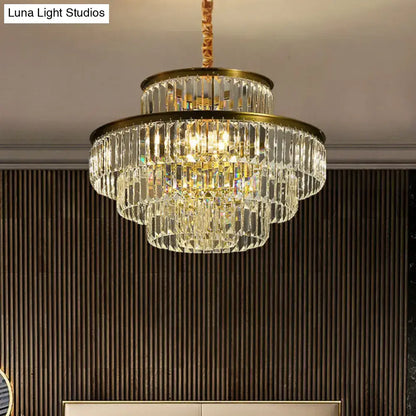 DecorBites™ modern crystal prism pendant light with gold-toned metal and cascading clear glass prisms for living room