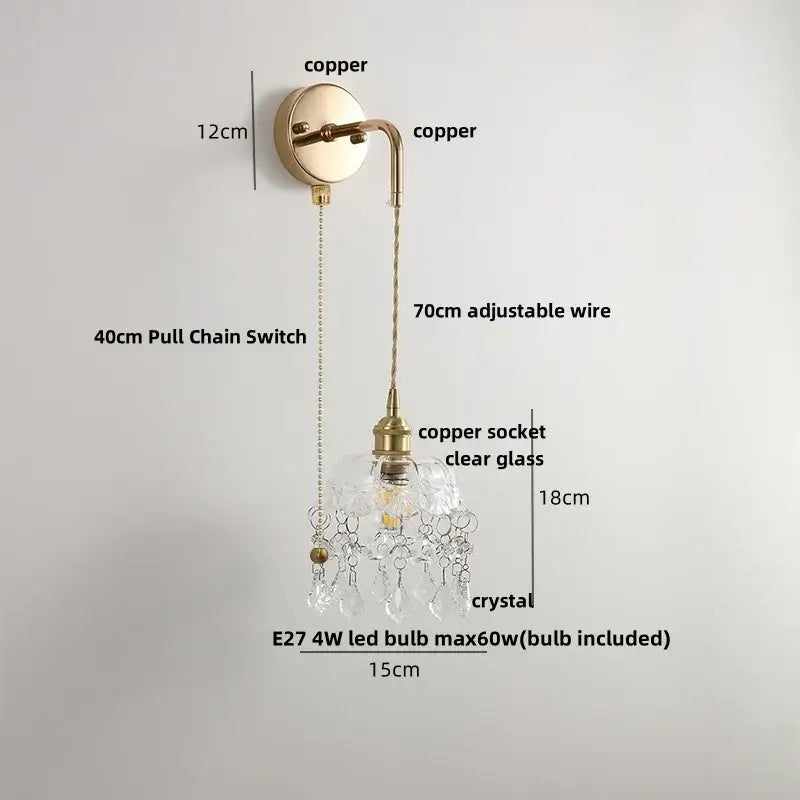 Modern brass cube led wall lights with copper finish clear glass shade and crystal droplets for bedroom decorbites led wall use