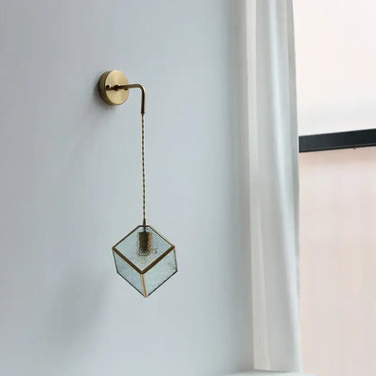 Modern brass cube led wall lights with geometric faceted glass pendant and pull switch for bedroom decorbites led wall