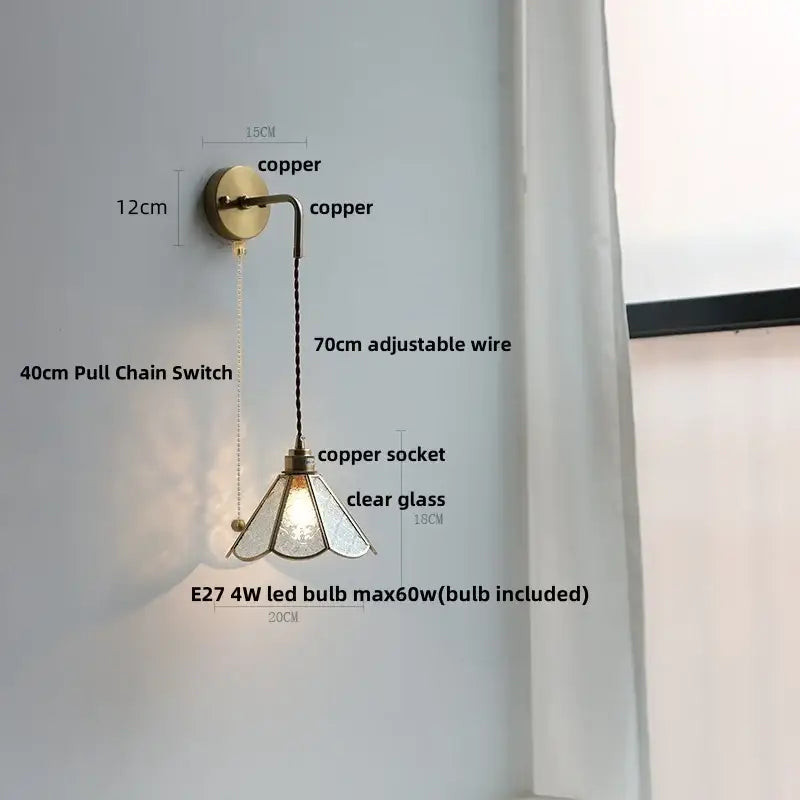 Antique brass-finished led wall light with clear etched glass shade and adjustable copper wire from decorbites led wall lights