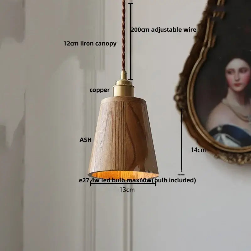 Modern brass and dark wood led wood pendant light with warm-toned ash wood and copper top for dining room decorbites led wood pendant