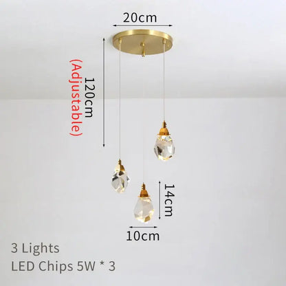 Modern brass decorbites crystal led chandelier with three crystal teardrop shades and gold-toned fixtures for living room lighting