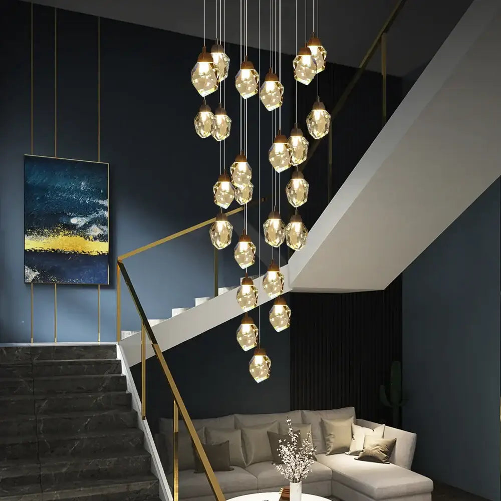 Modern brass decorbites crystal led chandelier featuring faceted translucent glass pendants for living room lighting