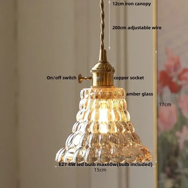 Modern brass decorbites cube amber glass pendant lamp with tiered amber glass, brass canopy, and copper socket