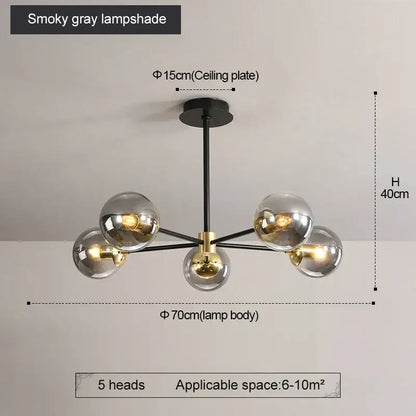 Modern brass decorbites glass ball led chandelier with five smoky gray glass globes and black metal frame for kitchen lighting