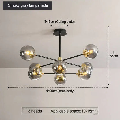 Modern brass decorbites glass ball led chandelier with eight smoky gray glass globes and black metal arms for kitchen lighting