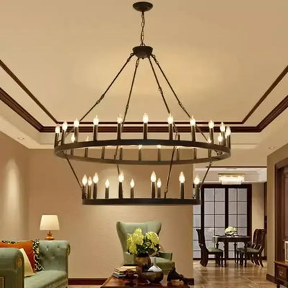 Black metal led pendant chandelier with two concentric rings and candle-style bulbs for modern living room decorbites black metal