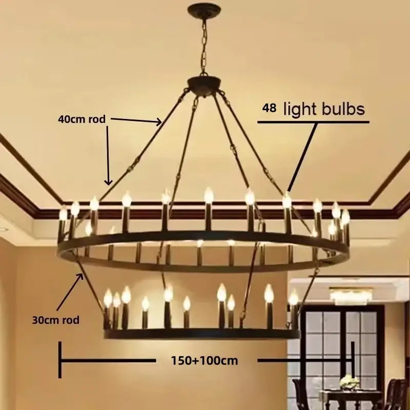 Modern brass double tier pendant chandelier with black wrought iron circular tiers and candle style black metal led bulbs