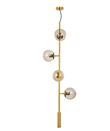Modern brass five globe glass pendant lights feature gold-toned glass pendant shades in an asymmetrical vertical design for dining room