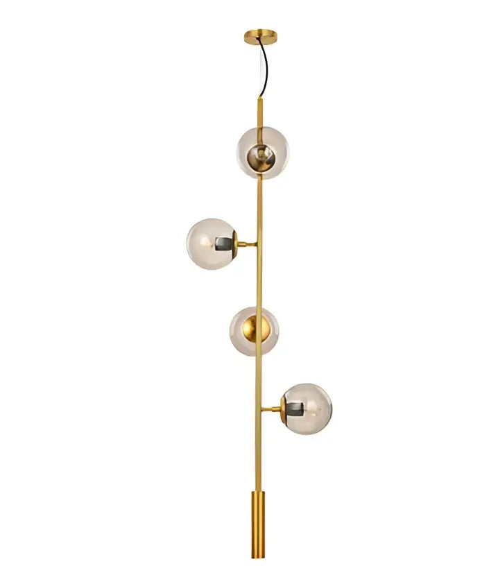 Modern brass five globe glass pendant lights feature gold-toned glass pendant shades in an asymmetrical vertical design for dining room