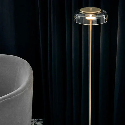 Modern brass floor lamp with slender gold-toned stem and clear glass lampshade by decorbites circular glass for living room decor